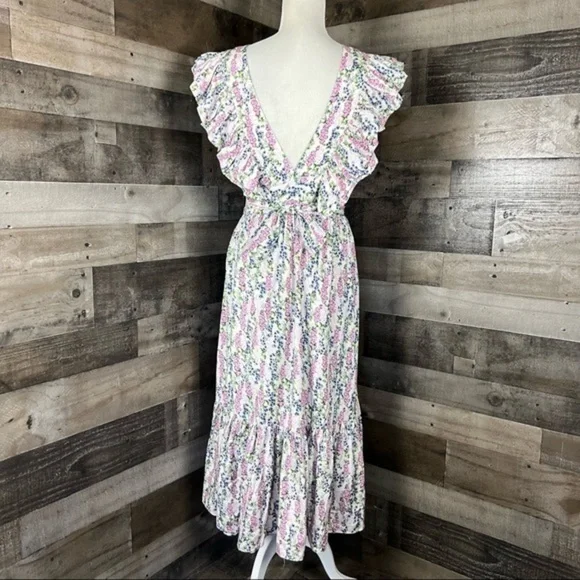 BYTIMO Blue Field Floral Ruffle Midi Wrap Dress Size Medium / NWT - Picture 7 of 16